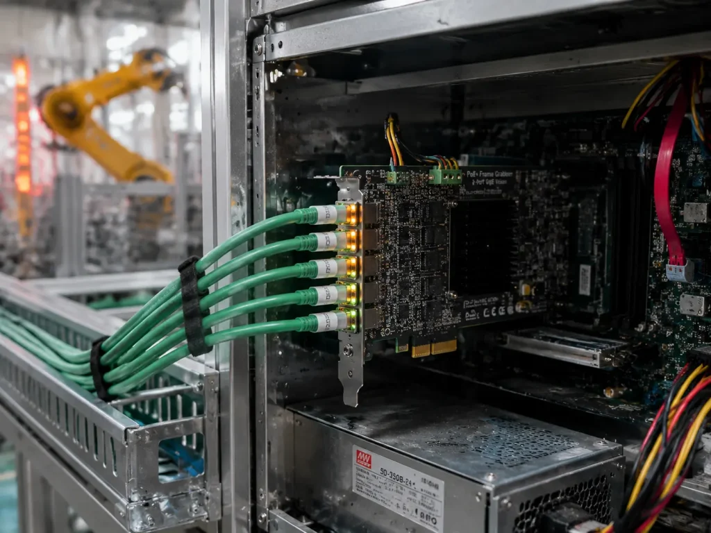 Industrial PC expansion bay showing a multi-port PoE frame grabber card with green Ethernet Cat6 cables connected for network imaging.