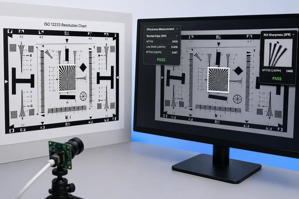 Camera module EVT sample evaluation using ISO 12233 resolution chart showing center and corner sharpness measurement