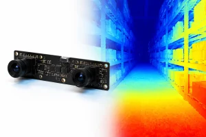 Binocular camera module with dual CMOS sensors and stereo vision depth map overlay for industrial applications