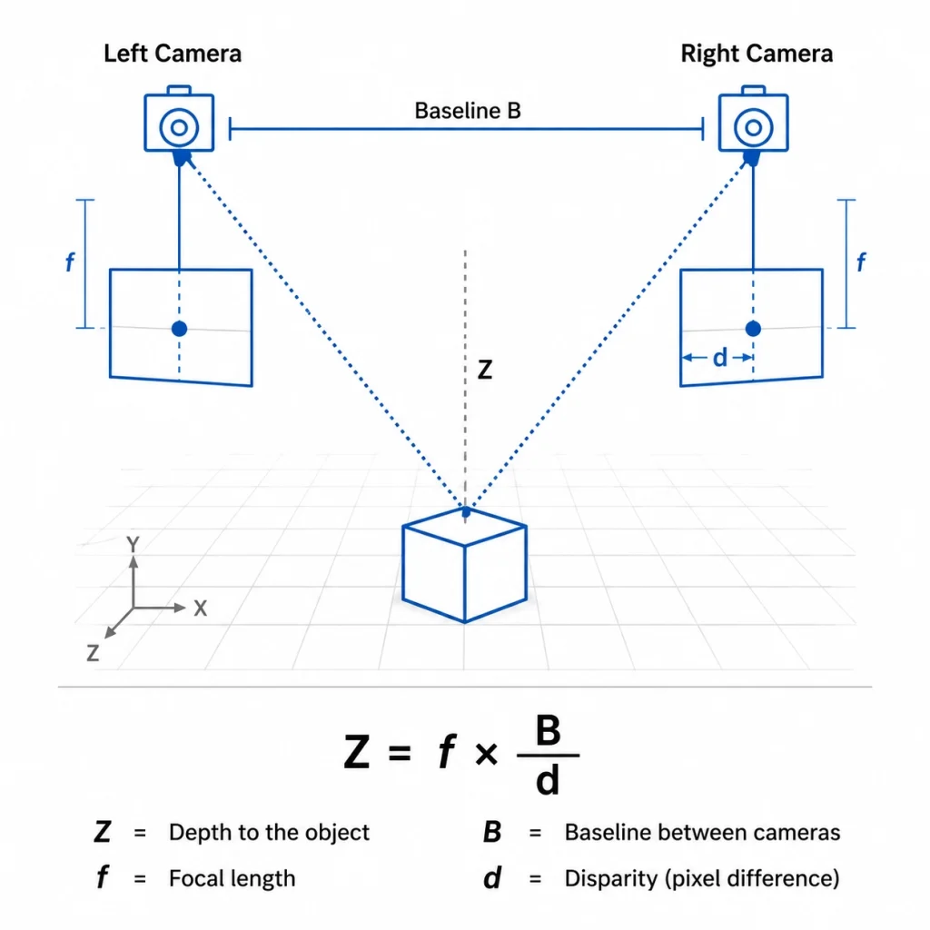 Stereo vision depth formula diagram showing baseline, disparity, and depth Z calculation between two camera sensors