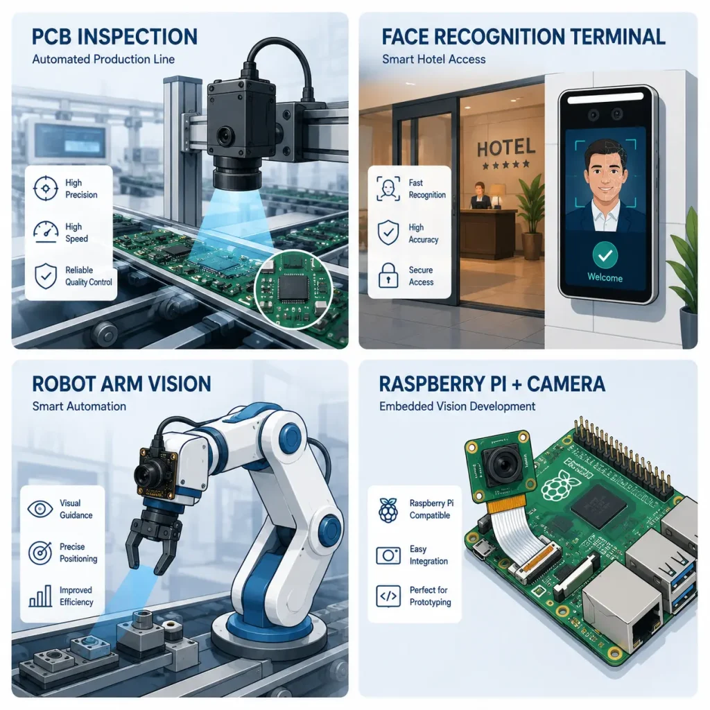 Collage showing camera module applications: industrial machine vision, face recognition terminal, AI robotics, and IoT development board