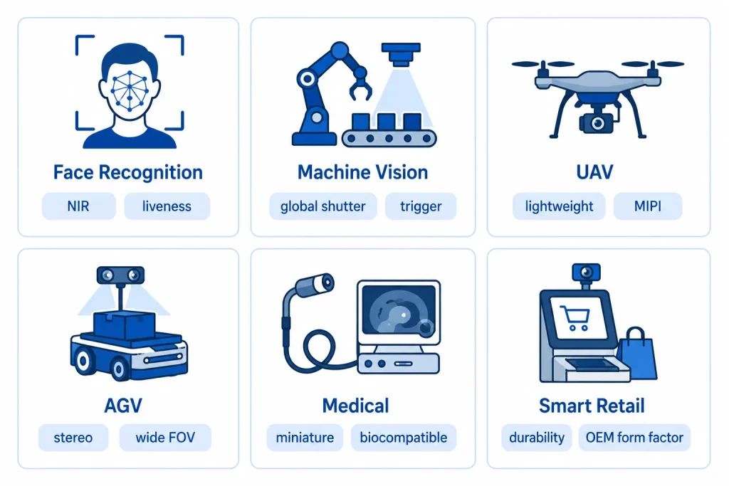 Camera module application matching grid showing six industries mapped to specification priorities