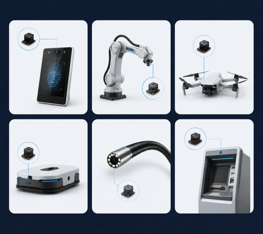 Six camera module application scenarios collage: face recognition, machine vision, drone, AGV robot, medical, smart kiosk