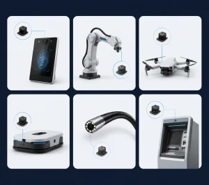 Six camera module application scenarios collage: face recognition, machine vision, drone, AGV robot, medical, smart kiosk