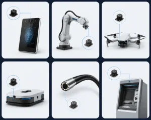 Six camera module application scenarios collage: face recognition, machine vision, drone, AGV robot, medical, smart kiosk