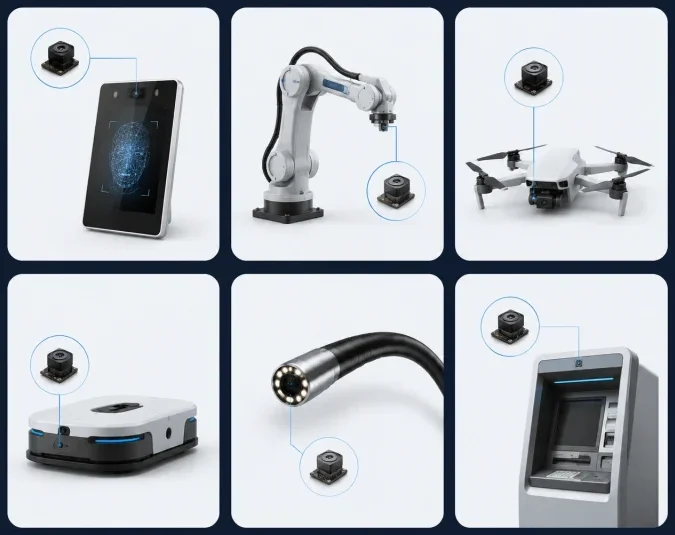 Six camera module application scenarios collage: face recognition, machine vision, drone, AGV robot, medical, smart kiosk