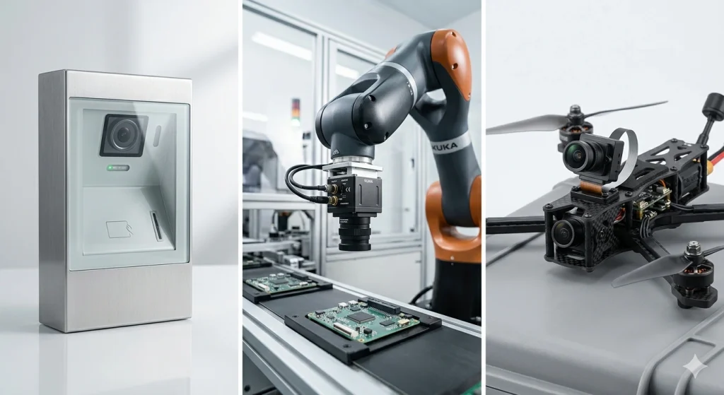 Collage of camera module applications including face recognition terminal, industrial inspection, and drone