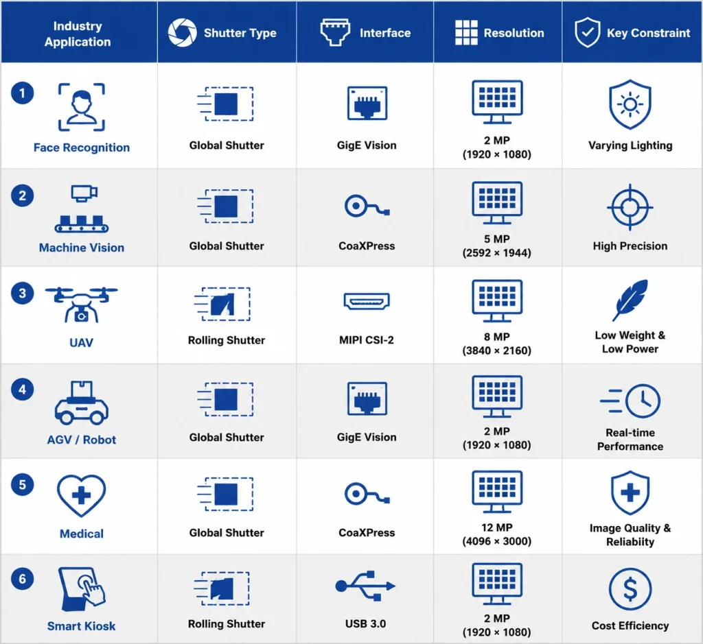 Infographic comparing camera module specifications across six industry applications: face recognition, machine vision, drone, AGV, medical, and kiosk