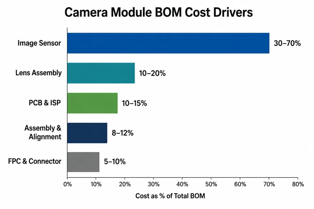 Camera module BOM cost breakdown table showing sensor lens PCB assembly and FPC connector line items with percentage ranges