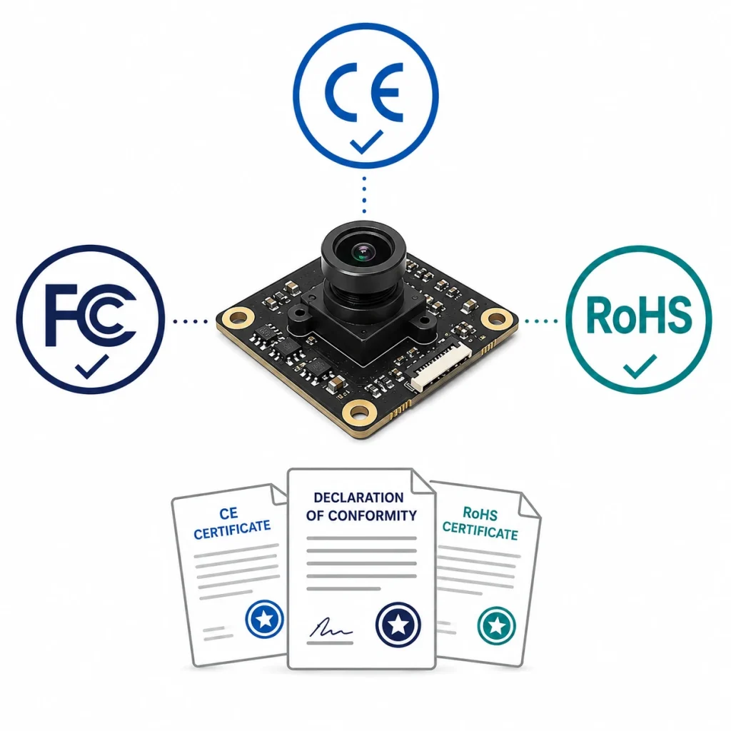 Camera module certifications CE FCC RoHS compliance marks and documentation icons for OEM buyers