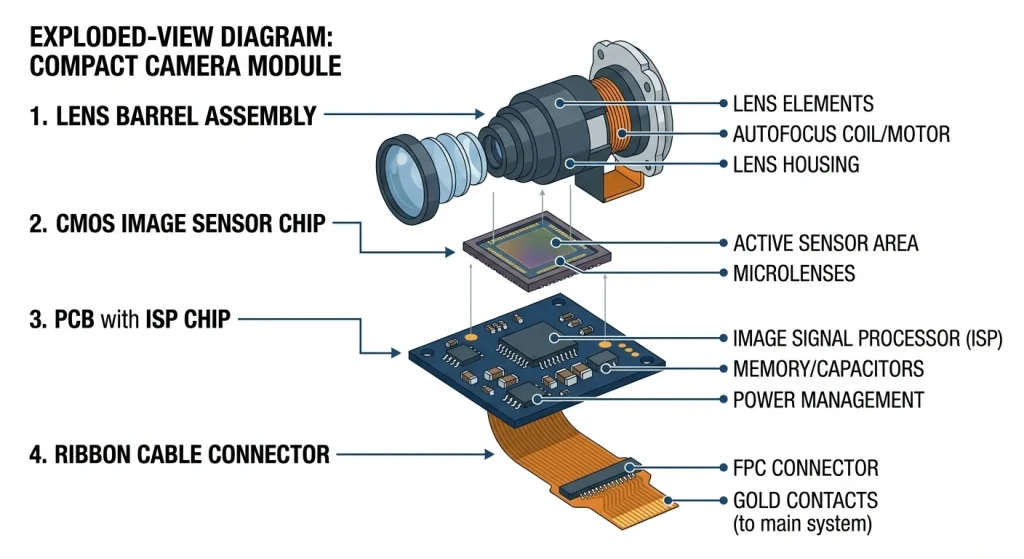 Exploded diagram of a camera module showing CMOS sensor, lens assembly, and PCB interface