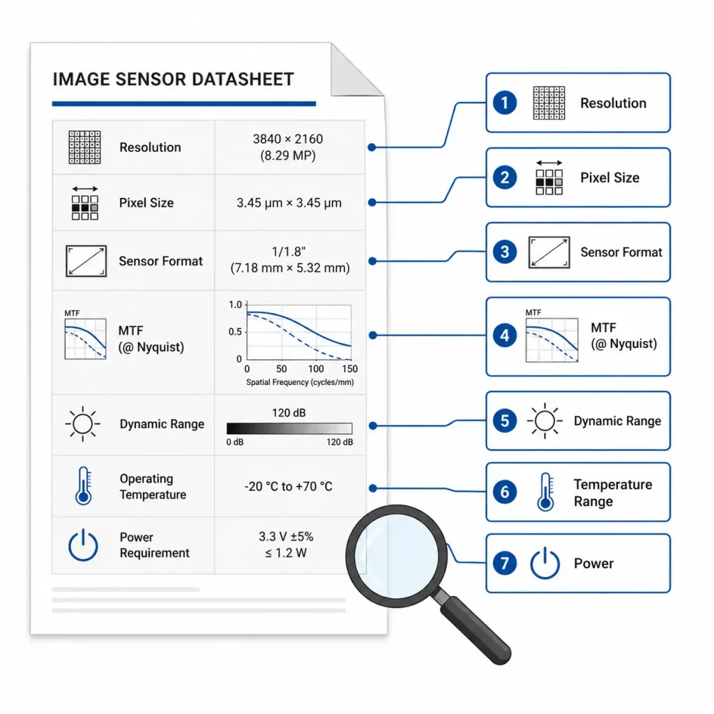 Camera module datasheet with resolution, pixel size, MTF, and dynamic range specifications highlighted and annotated