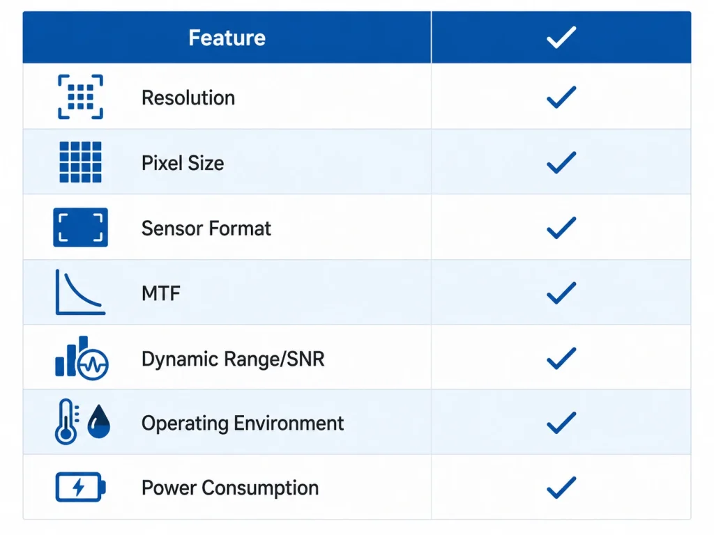 Camera module datasheet reference table summarizing resolution, pixel size, sensor format, MTF, dynamic range, environment, and typical versus max values