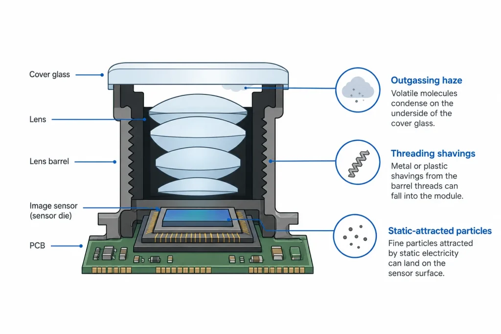 Camera module dust contamination sources diagram showing lens barrel threading shavings, static-attracted particles, and outgassing haze on cover glass