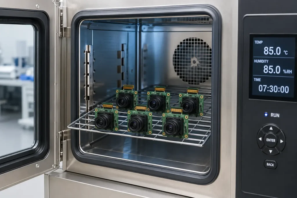 Camera module DVT sample evaluation showing units inside an environmental thermal cycling chamber for temperature stress testing
