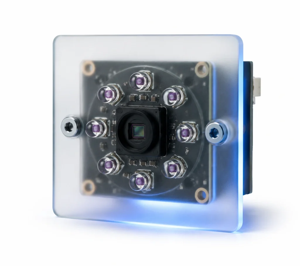 Camera module for face recognition kiosk showing NIR LED ring and USB camera sensor PCB