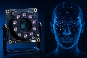 Camera module for face recognition showing NIR LED ring, CMOS sensor PCB, and face recognition depth overlay for access control terminal