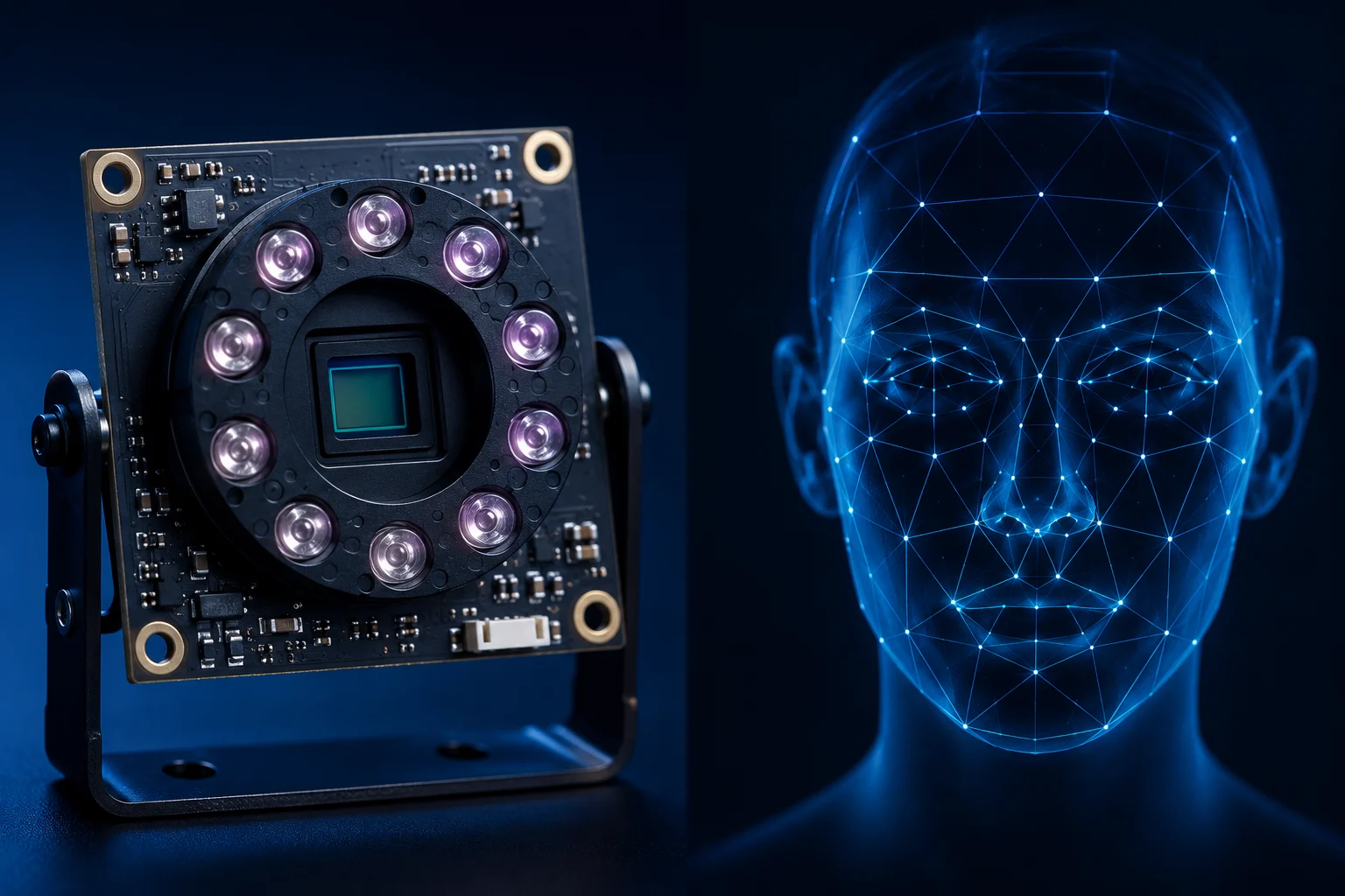 Camera module for face recognition showing NIR LED ring, CMOS sensor PCB, and face recognition depth overlay for access control terminal