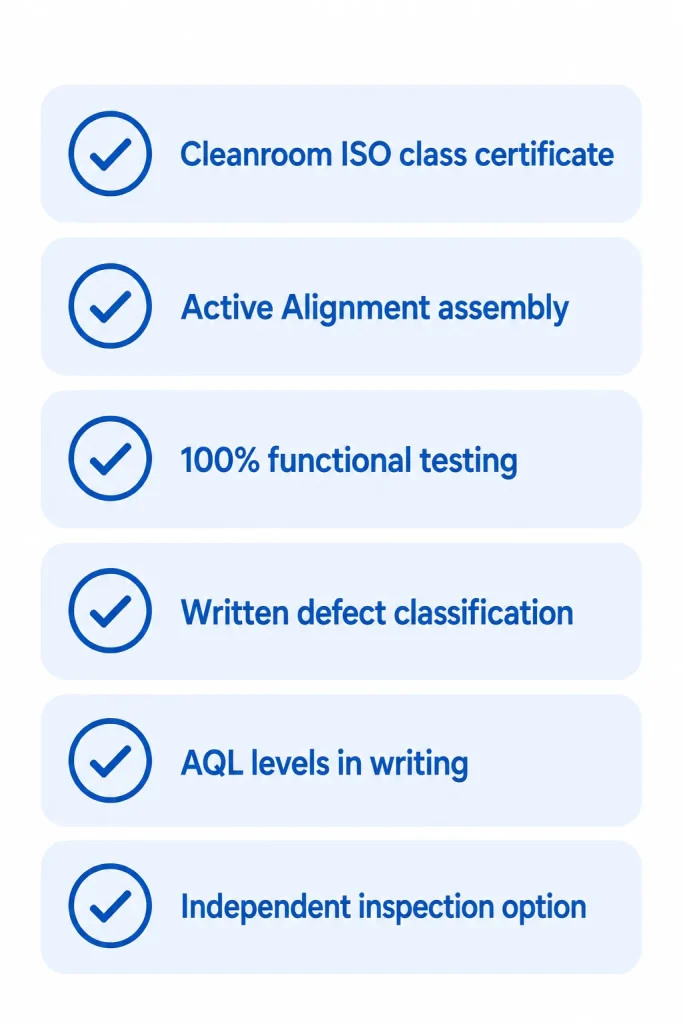 Camera module factory audit checklist covering cleanroom certification, active alignment, 100 percent testing, defect classification, and AQL documentation