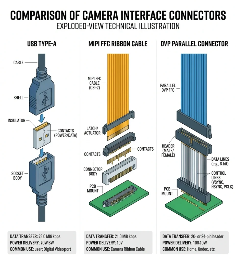 Side-by-side comparison of USB, MIPI CSI-2, and DVP camera module connectors