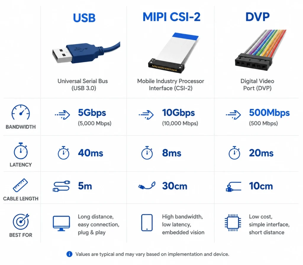 Diagram comparing USB, MIPI CSI-2, and DVP camera module interfaces with bandwidth and latency values