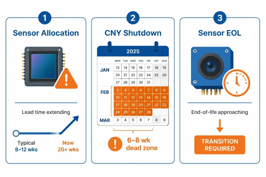Camera module lead time risk factors diagram showing sensor allocation events Chinese New Year shutdown and sensor EOL transitions as the three primary lead time extenders