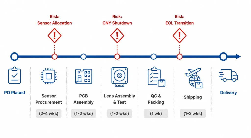 Camera module lead time supply chain planning diagram showing production timeline stages from PO to delivery with risk events marked