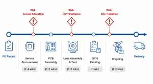 Camera module lead time supply chain planning diagram showing production timeline stages from PO to delivery with risk events marked
