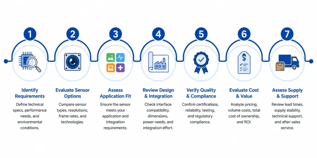 Camera module manufacturer guide showing a 7-step sourcing journey from specification to long-term supply
