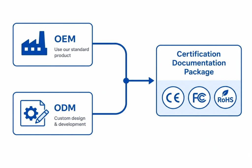 Camera module manufacturer OEM versus ODM paths with CE FCC RoHS certification documentation overview