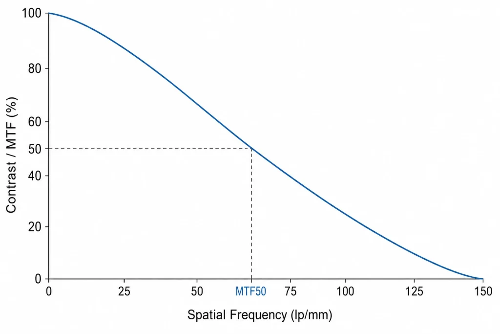 Camera module MTF curve showing contrast percentage declining against spatial frequency in line pairs per millimeter with MTF50 point marked