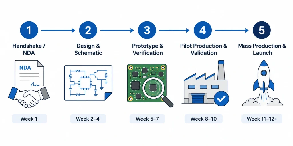 5-stage OEM ODM camera module development timeline: spec definition, design review, engineering sample, pilot production, mass production