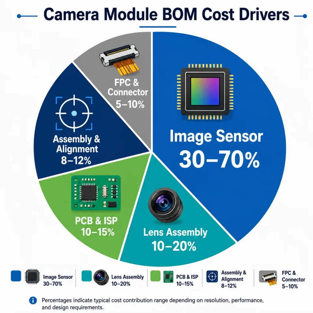 Camera module pricing cost breakdown diagram showing sensor lens PCB assembly and NRE components of a camera module BOM