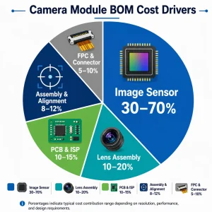 Camera module pricing cost breakdown diagram showing sensor lens PCB assembly and NRE components of a camera module BOM