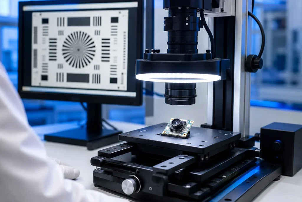 Camera module quality control inspection station showing AOI testing, lens alignment, and AQL sampling checklist