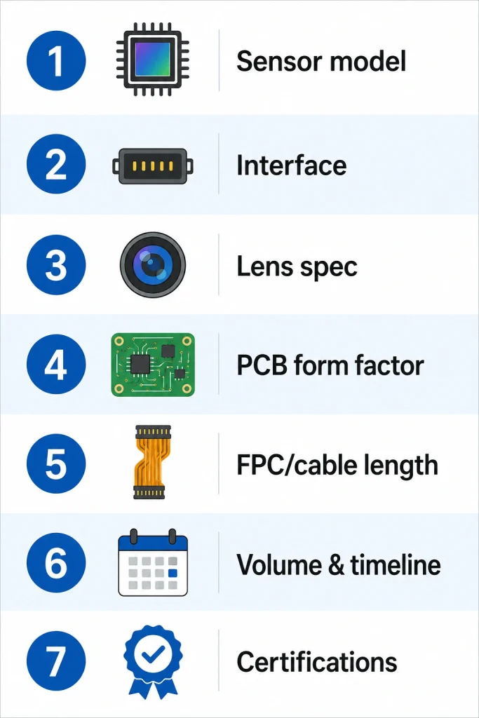 Camera module RFQ checklist with 7 specification items for getting an accurate itemized quote from a camera module supplier