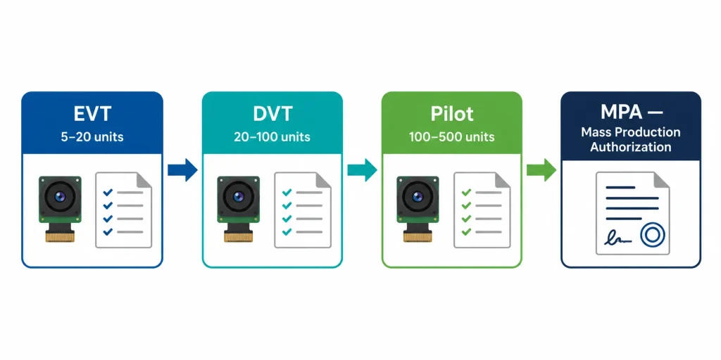 Camera module sample evaluation process showing EVT DVT and pilot production gates with checklist documents and test equipment