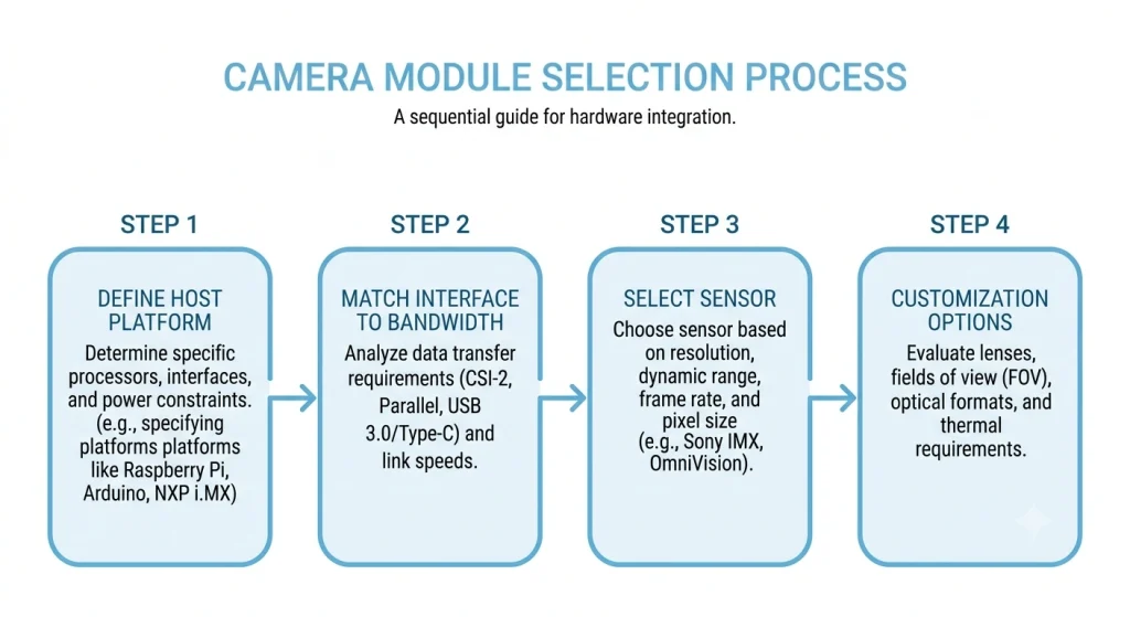 Flowchart showing four steps for selecting the right camera module: host platform, interface, sensor, customization