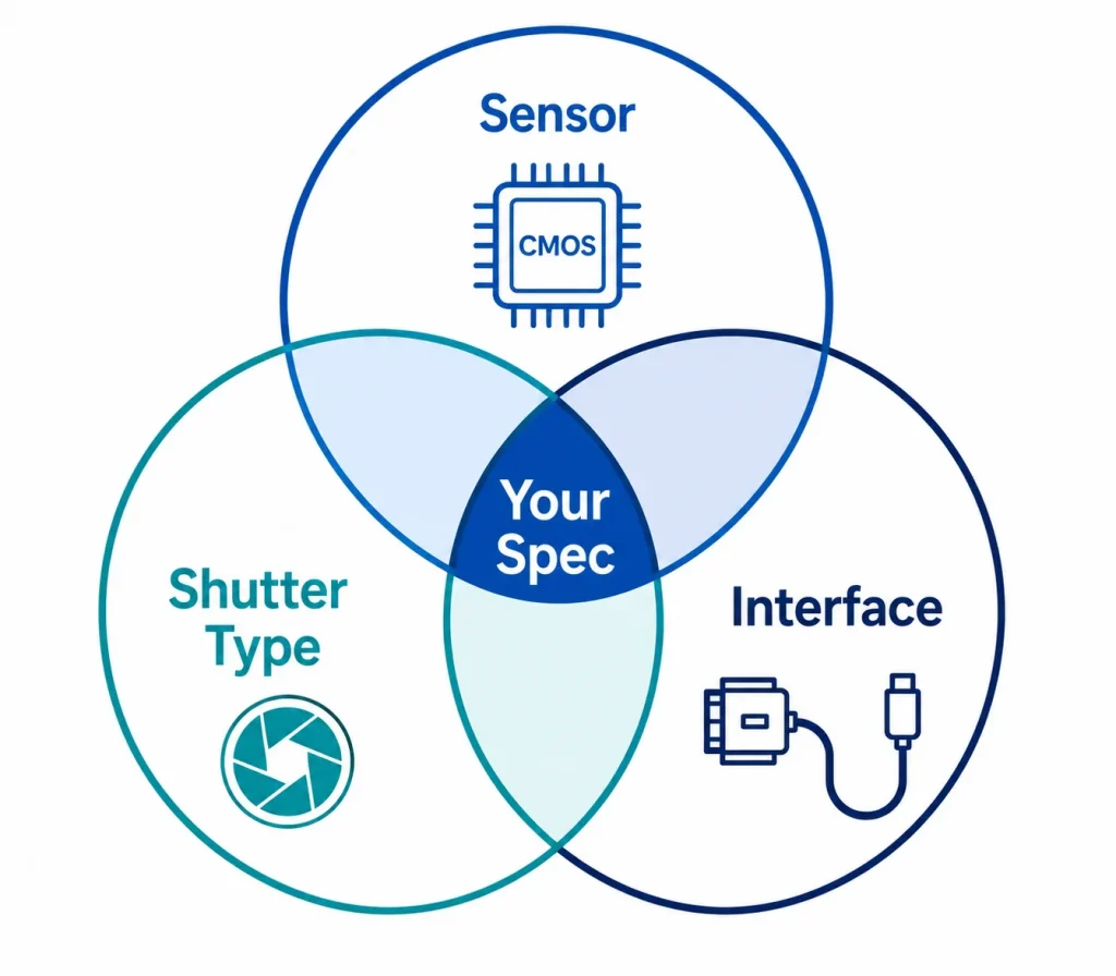 Camera module sensor, shutter type, and interface selection diagram showing three interlocking specification decisions