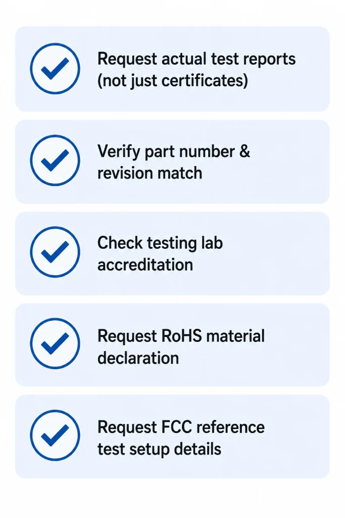 Checklist for verifying camera module supplier certification claims including test reports, part number matching, lab accreditation, and material declarations