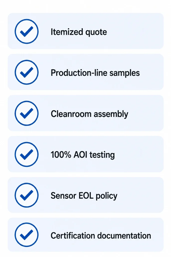 Camera module supplier evaluation checklist covering pricing transparency, sample validation, quality control, and supply continuity
