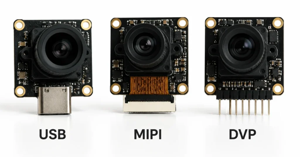 Smeiker camera module lineup showing USB, MIPI and DVP variants on a clean white background