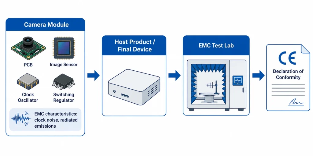 E marking compliance flow diagram showing camera module EMC characteristics feeding into final product EMC testing and Declaration of Conformity