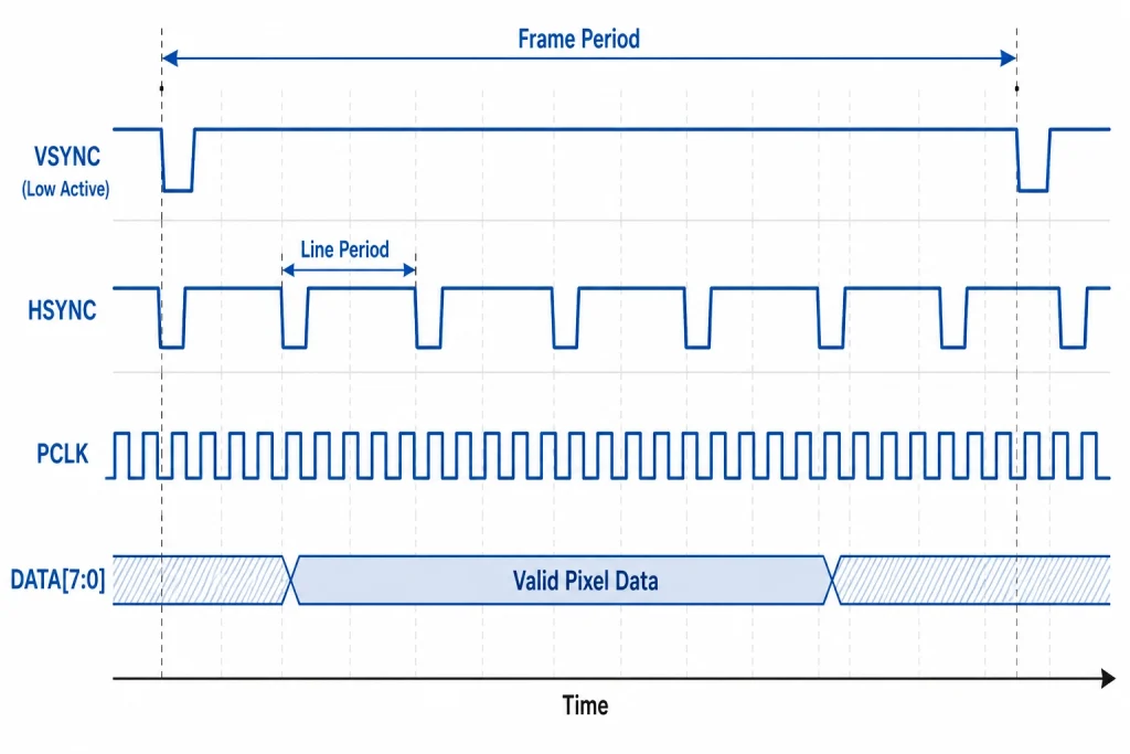 DVP camera interface timing diagram showing PCLK pixel clock, VSYNC frame sync, HSYNC line sync, and DATA bus signals with frame and line active periods labeled