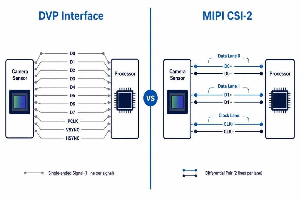 DVP vs MIPI camera interface comparison diagram showing parallel bus versus serial differential lanes on PCB