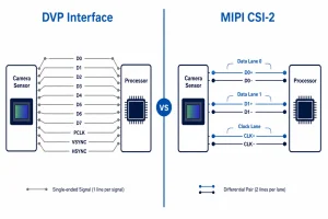DVP vs MIPI camera interface comparison diagram showing parallel bus versus serial differential lanes on PCB