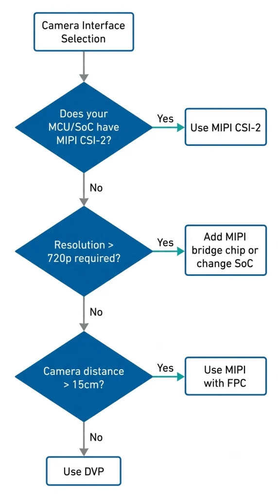 Decision flowchart for choosing DVP or MIPI camera interface based on host platform, resolution, cable distance, and driver complexity