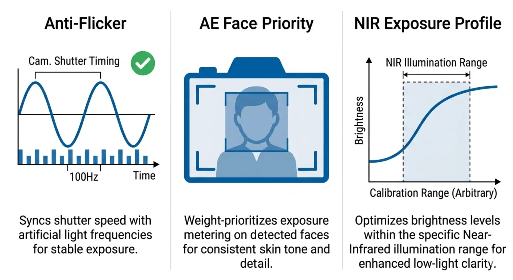 ISP tuning diagram for face recognition camera showing anti-flicker register, face-priority AE weight map, and NIR exposure profile