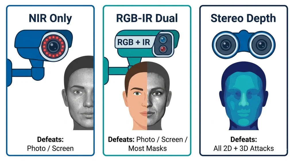 Three liveness detection approaches for face recognition camera modules: NIR only, RGB-IR dual channel, and stereo depth comparison diagram