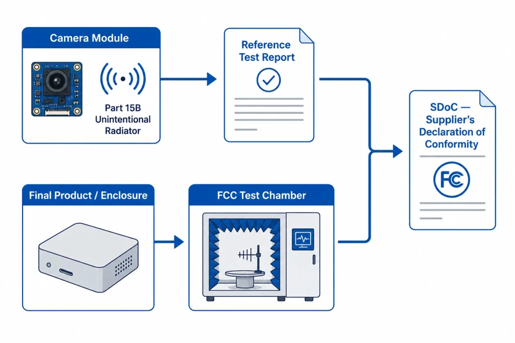 FCC Part 15B unintentional radiator compliance diagram showing camera module reference testing versus final product FCC SDoC testing requirement